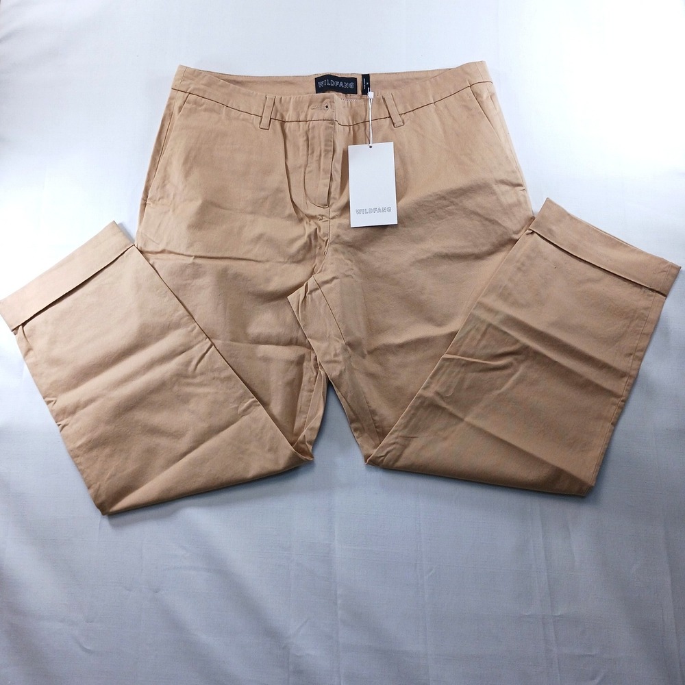 Wildfang The Essential Chino Tan Khaki Straight Leg Cuffed Trousers Size 14 NWT